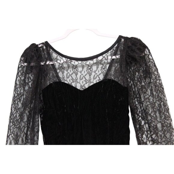 Vintage 80s Dress Size 5 Lace Black Velvet Goth Party Prom Steppin Out USA Bow - Picture 2 of 14